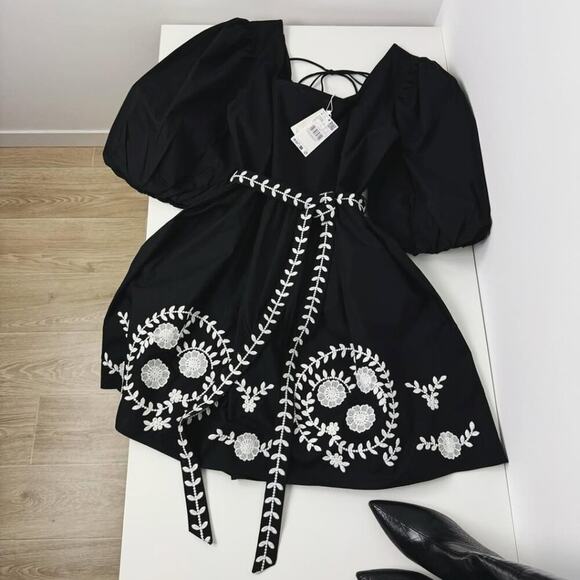 🖤 MANGO Puff Sleeve Mini Dress NWT | Embroidered Cotton Bow Back 6 - Picture 11 of 14